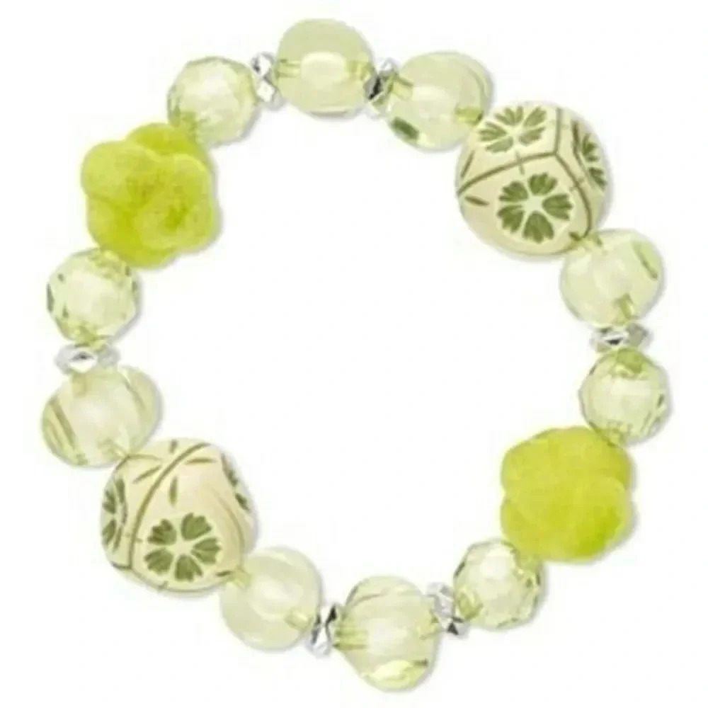 Chunky Green Cream Fuzzy & Flower Beads Nugget Stretch Bracelet